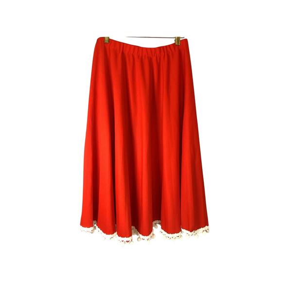 Unbranded Dresses & Skirts - Red Midi Skirt White Pom-Pom Trim 1960s Mid Length Vintage Size 16 / Medium